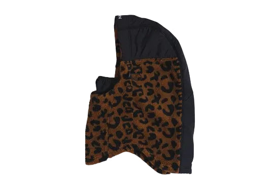 Side view of the leopard-print Autumn Hi Tek hood with a black crown and back panel.