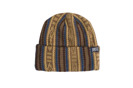 Striped knit beanie in brown, tan, and blue with a folded cuff and woven logo tag