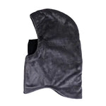 Gray plush hood with a face opening and black inner panel, shown from the side