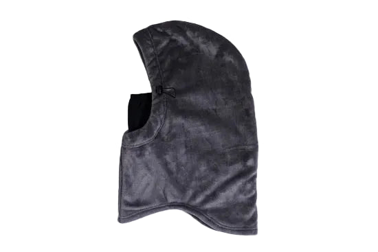 Gray plush hood with a face opening and black inner panel, shown from the side