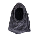 Gray plush hood with a black-lined face opening and adjustable side cords