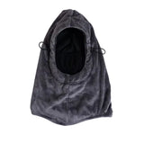 Gray plush hood with a black-lined face opening and adjustable side cords