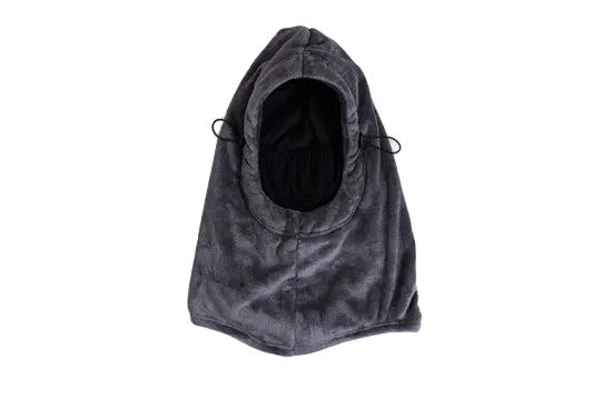 Gray plush hood with a black-lined face opening and adjustable side cords