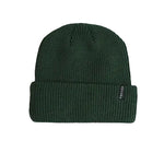 Dark green rib-knit beanie with a wide folded cuff and small side label