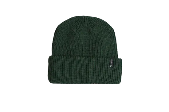 Dark green rib-knit beanie with a wide folded cuff and small side label