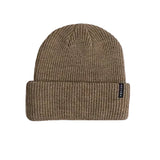 Brown rib-knit beanie with a wide folded cuff and small side label
