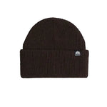 Brown ribbed knit beanie with a folded cuff and small logo tag