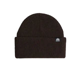 Brown ribbed knit beanie with a folded cuff and small logo tag