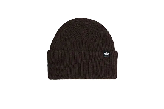 Brown ribbed knit beanie with a folded cuff and small logo tag