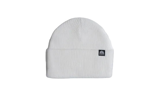 White ribbed knit beanie with a folded cuff and small logo tag