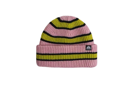 Pink knit beanie with a folded cuff and black and yellow stripes