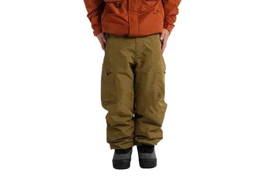 Olive shell pants worn from the front, with a relaxed fit and straight legs