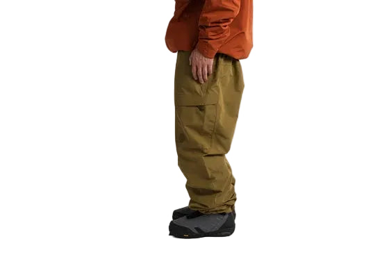 Side view of olive shell pants with a large thigh cargo pocket