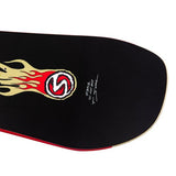 Sims Fakie Snowboard 2025 - A black snowboard with a red and white logo featuring a stylized letter "F" in the center, surrounded by flames on both sides.