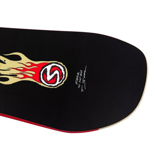 Sims Fakie Snowboard 2025 - A black snowboard with a red and white logo featuring a stylized letter "F" in the center, surrounded by flames on both sides.
