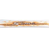Sims Fakie Snowboard 2025 - A white snowboard with an orange and black flame design on top.