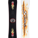 Sims Fakie Snowboard 2025 - A black snowboard with a red and yellow flame design on top, featuring the word "SIMS" in white letters within one of the flames.