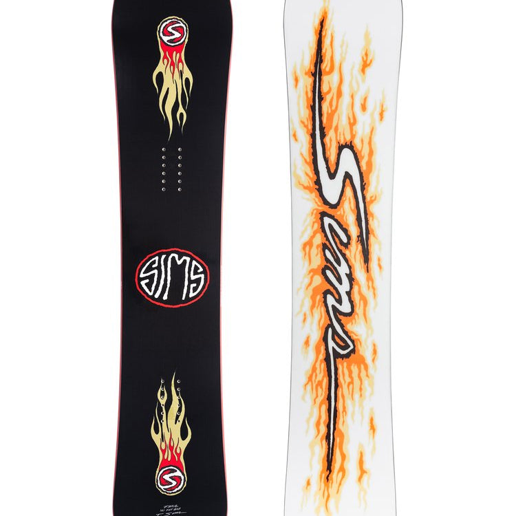 Sims Fakie Snowboard 2025 - A black snowboard with a red and yellow flame design on top, featuring the word "SIMS" in white letters within one of the flames.