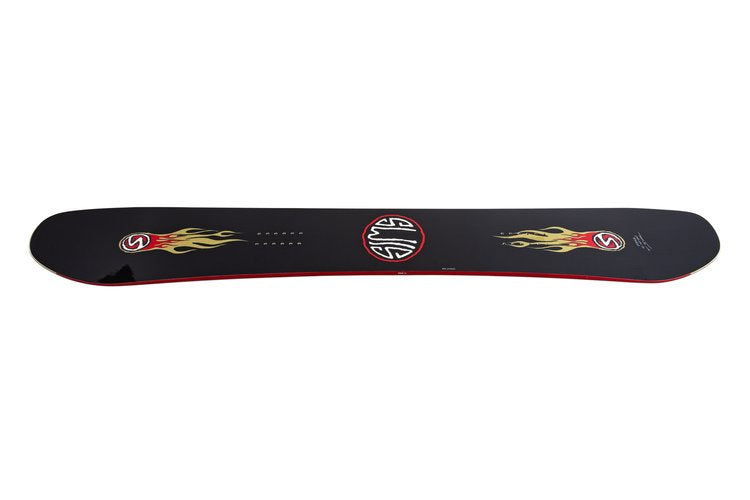 Sims Fakie Snowboard 2025 - A black snowboard with a red outline around the white "SIMS" logo and yellow flames on either side.