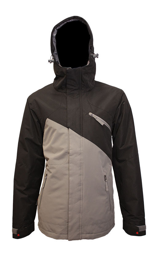 Turbine Flyway Insulated Jacket 2025 - A black jacket with a diagonal grey stripe across the chest and a hood.