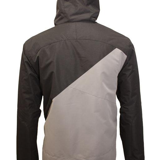 Turbine Flyway Insulated Jacket 2025 - A black jacket with a diagonal white stripe on the back, featuring a hood and zippered pockets.