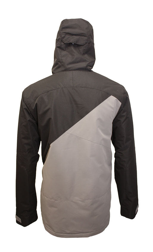 Turbine Flyway Insulated Jacket 2025 - A black jacket with a diagonal white stripe on the back, featuring a hood and zippered pockets.