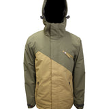 Turbine Flyway Insulated Jacket - A green and tan jacket with a hood, featuring a diagonal color block design on the chest.