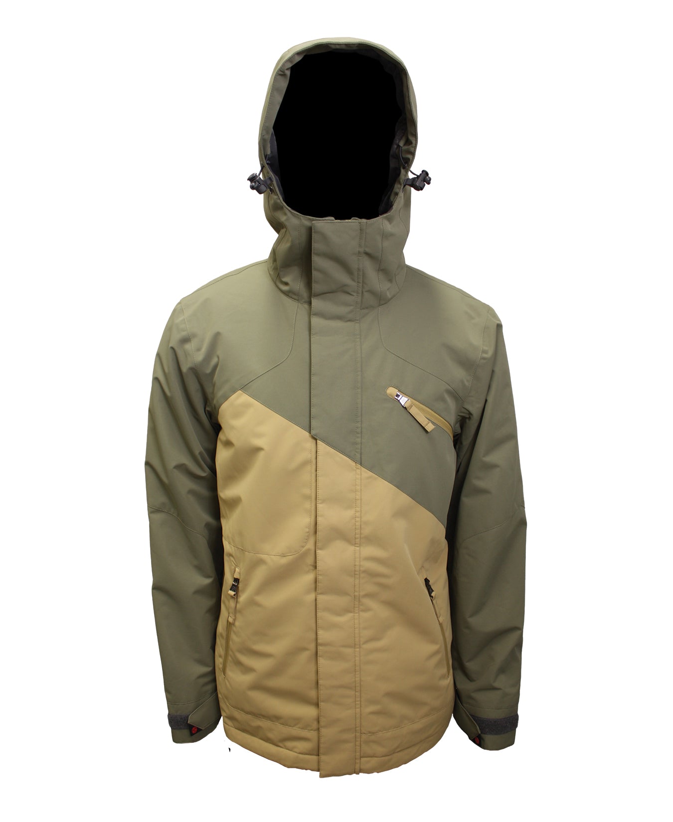Turbine Flyway Insulated Jacket - A green and tan jacket with a hood, featuring a diagonal color block design on the chest.