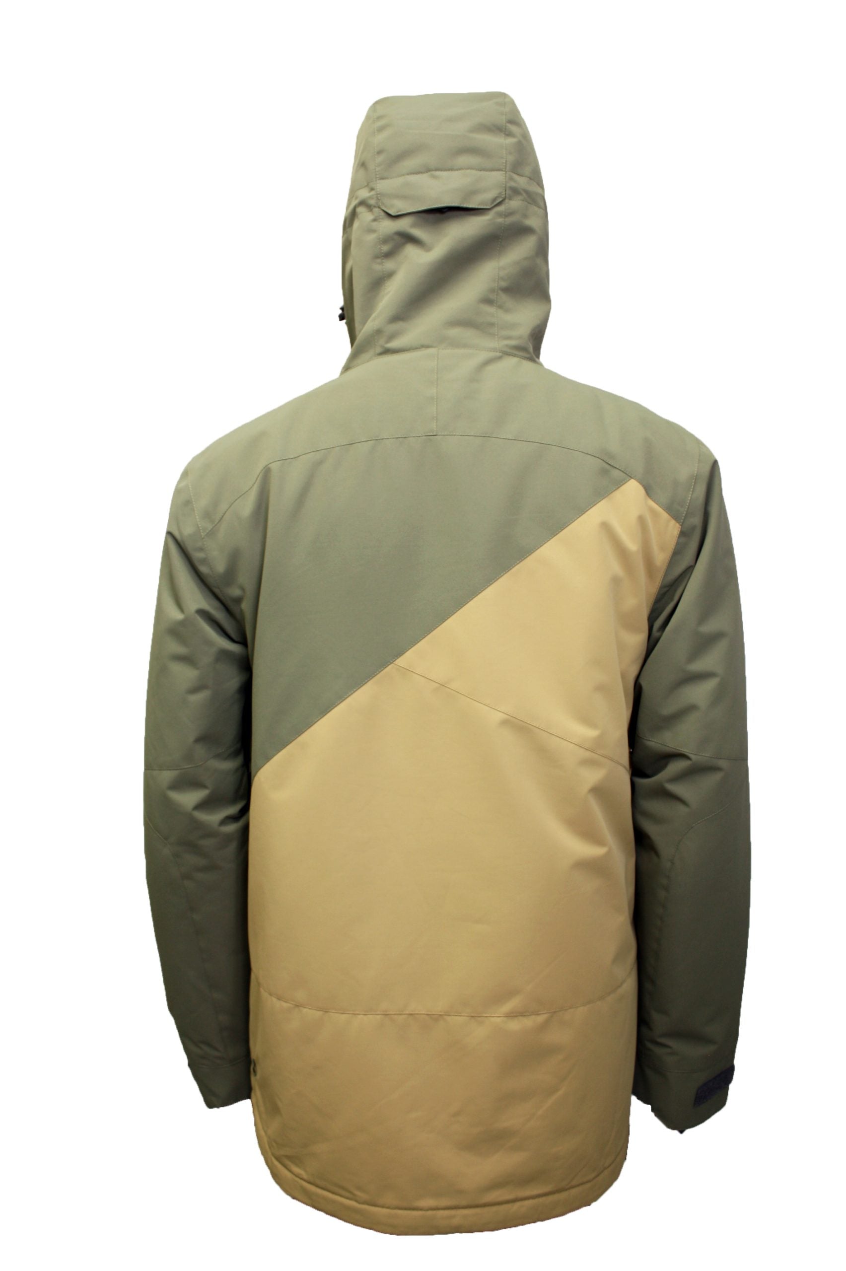 Turbine Flyway Insulated Jacket - A green jacket with a diagonal tan stripe on the back, featuring a hood and zippered pockets.