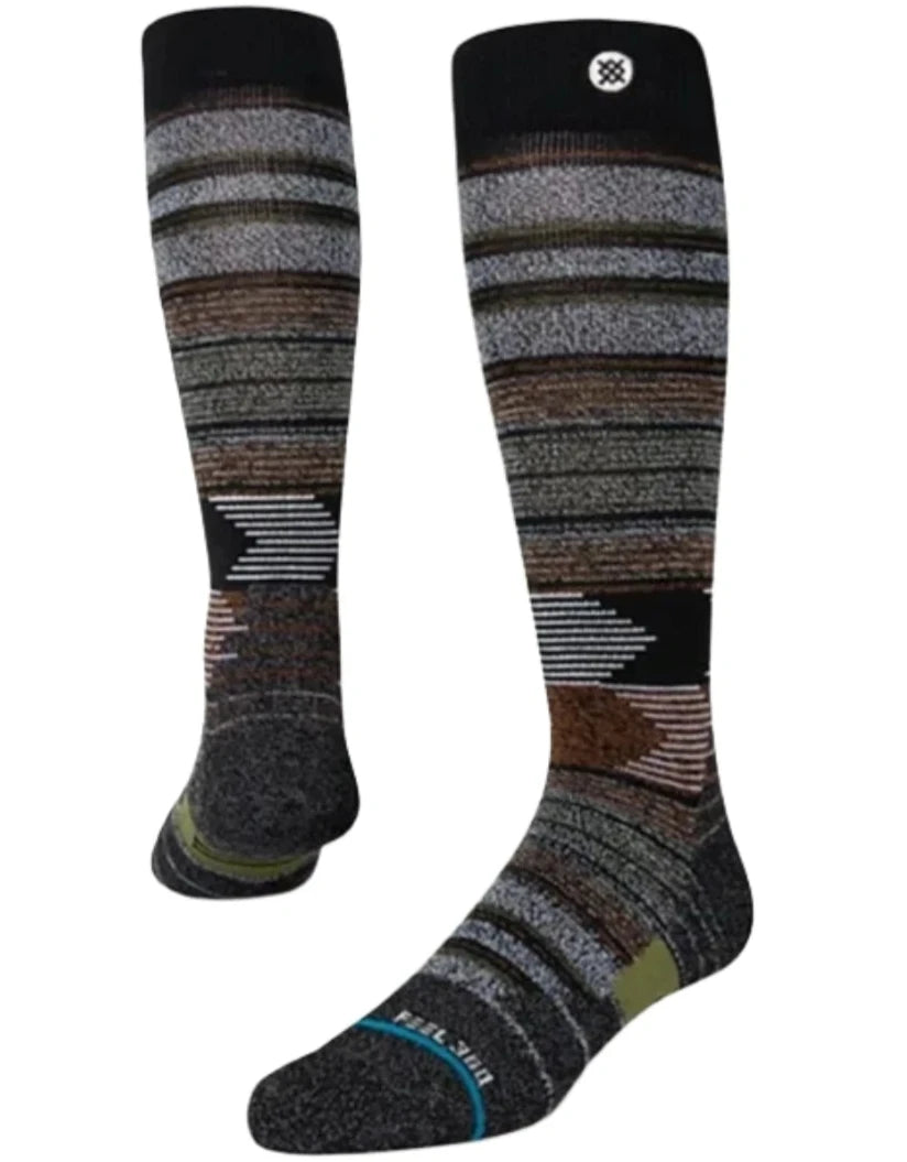 Stance Forest Cover Snowboard Socks 2022 - A pair of snowboard socks with a brown and green forest pattern on a gray background.