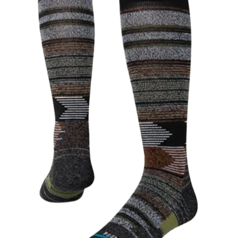 Stance Forest Cover Snowboard Socks 2022 - A pair of snowboard socks with a brown and green forest pattern on a gray background.