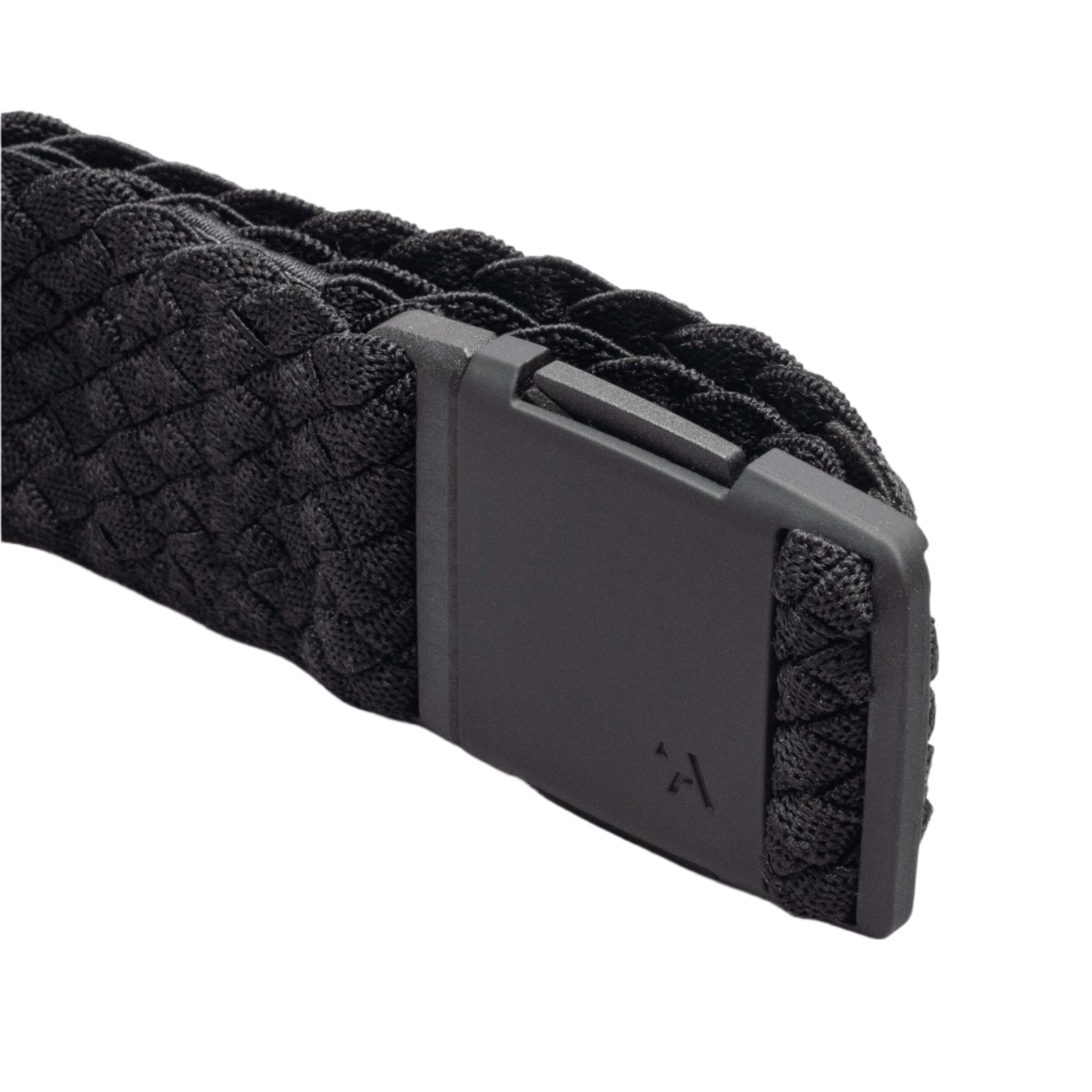 Arcade Futureweave Belt 2025 - Black woven belt with a repeating diamond pattern and black plastic buckle.