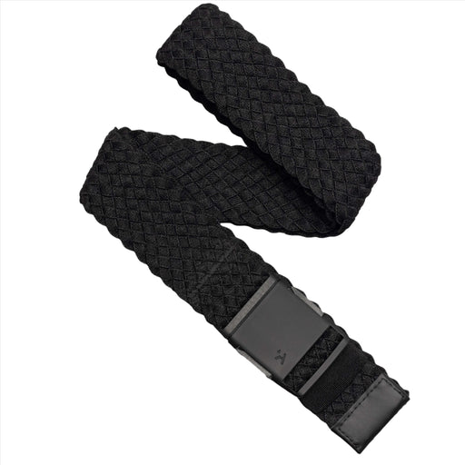 A black belt with a textured, woven pattern and a black buckle. The belt is laid out flat in a zig-zag pattern.