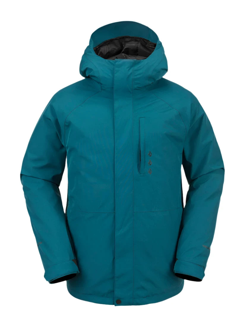Volcom Dua Gore Jacket 2024 - A dark blue jacket with a hood, featuring a zippered front and two side pockets.