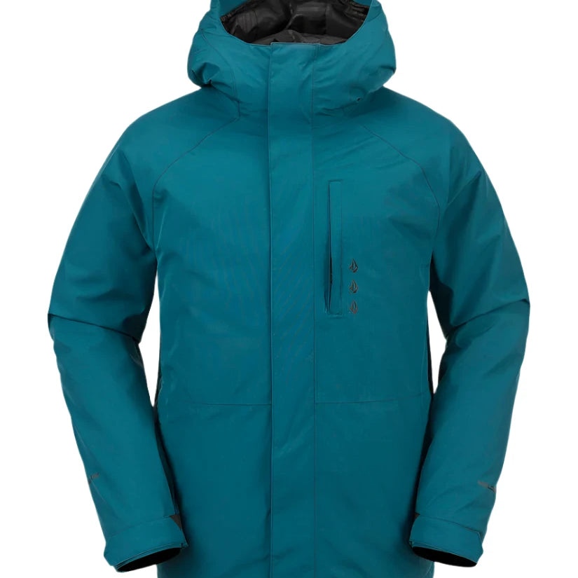 Volcom Dua Gore Jacket 2024 - A dark blue jacket with a hood, featuring a zippered front and two side pockets.