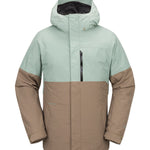 Volcom 2L GORE-TEX Shell Jacket 2025 - A light blue and tan jacket with a hood, featuring a zippered chest pocket and a black zipper pull.