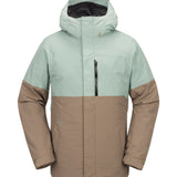 Volcom 2L GORE-TEX Shell Jacket 2025 - A light blue and tan jacket with a hood, featuring a zippered chest pocket and a black zipper pull.