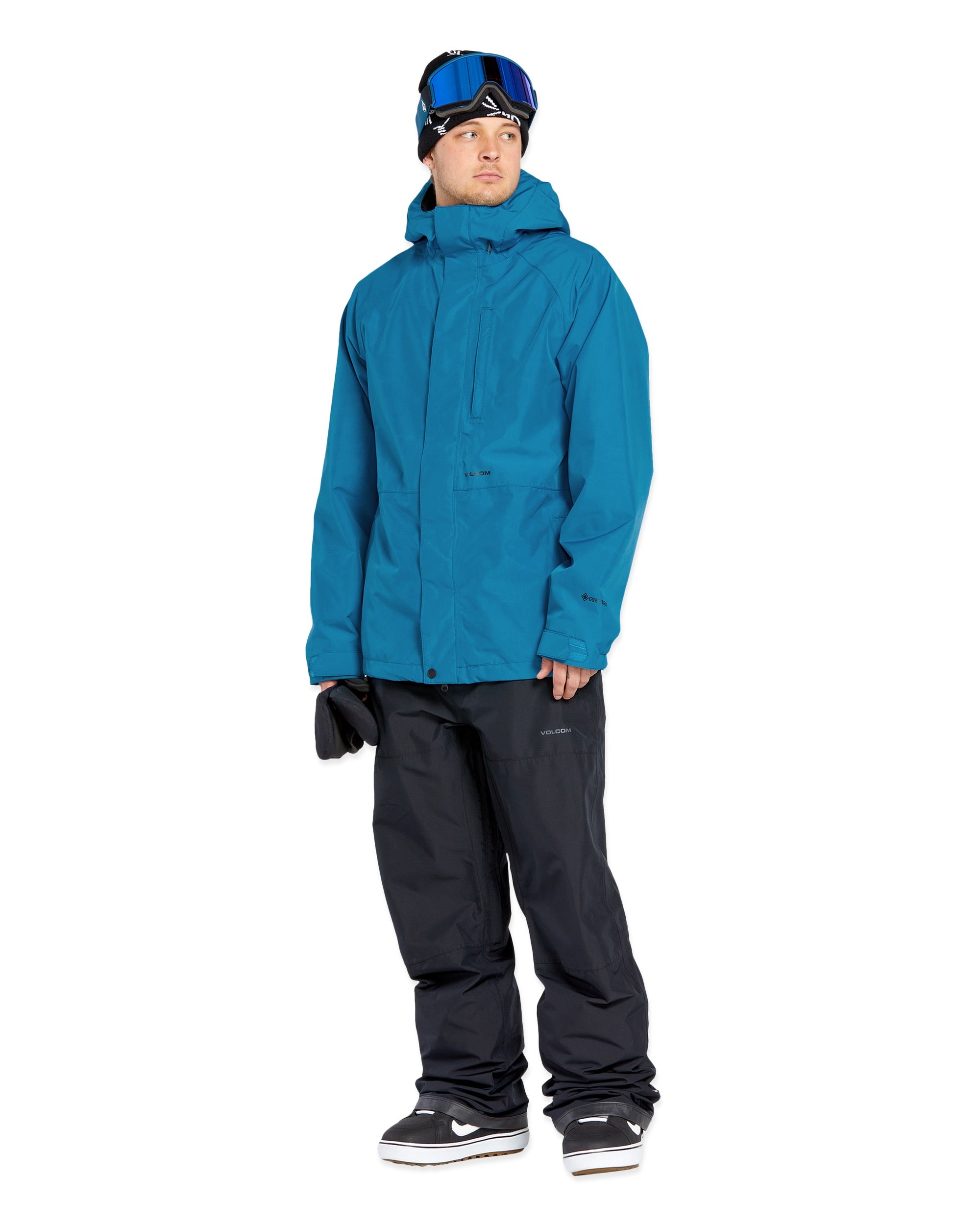 Volcom Men's Dua Insulated GORE-TEX Jacket - A blue jacket with a hood, featuring black zippers and a chest pocket.