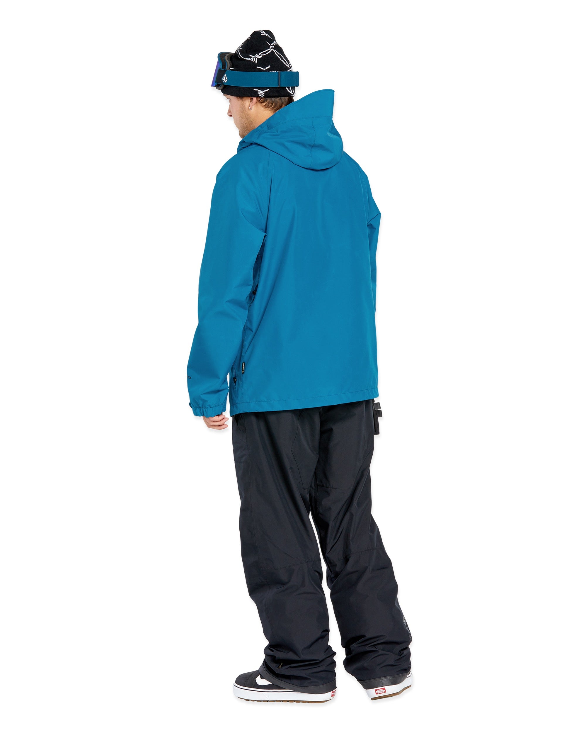 Volcom Men's Dua Insulated GORE-TEX Jacket - A blue jacket with a hood, featuring white stitching and a zippered chest pocket.
