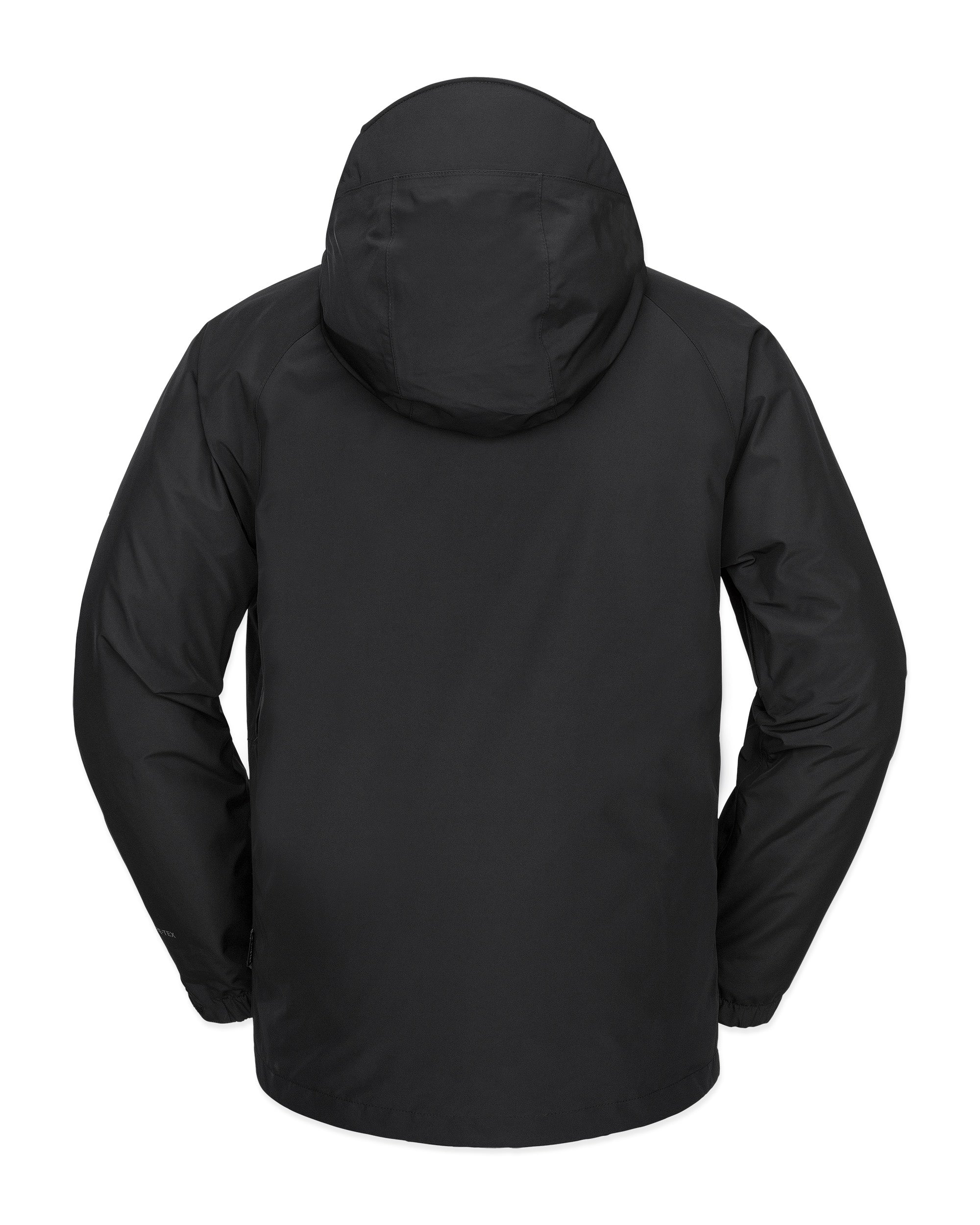 Volcom Men's Dua Insulated GORE-TEX Jacket - A black jacket with a hood, featuring a zippered front and two side pockets.