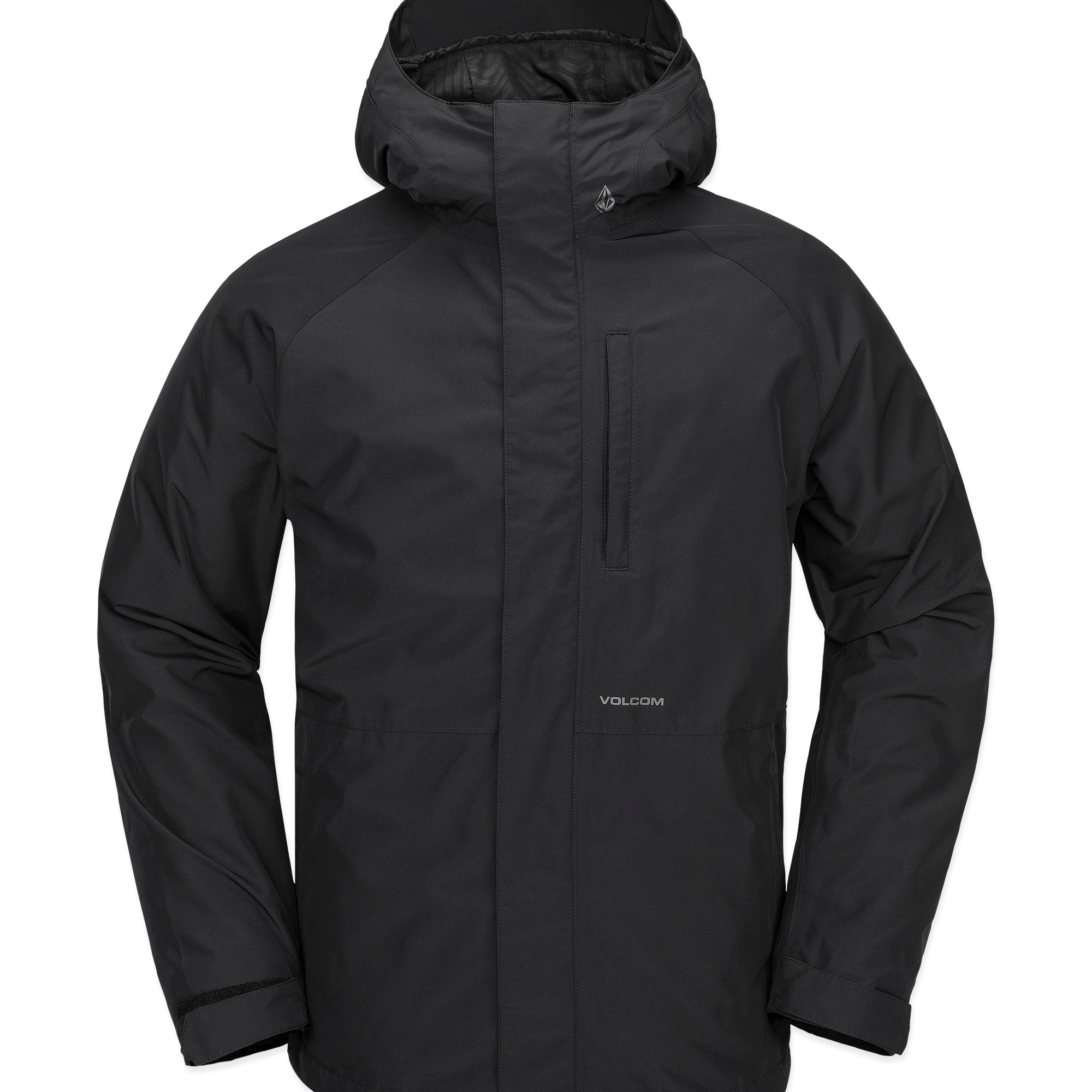 Volcom Men's Dua Insulated GORE-TEX Jacket - A black jacket with a hood, featuring a zippered chest pocket and two side pockets.