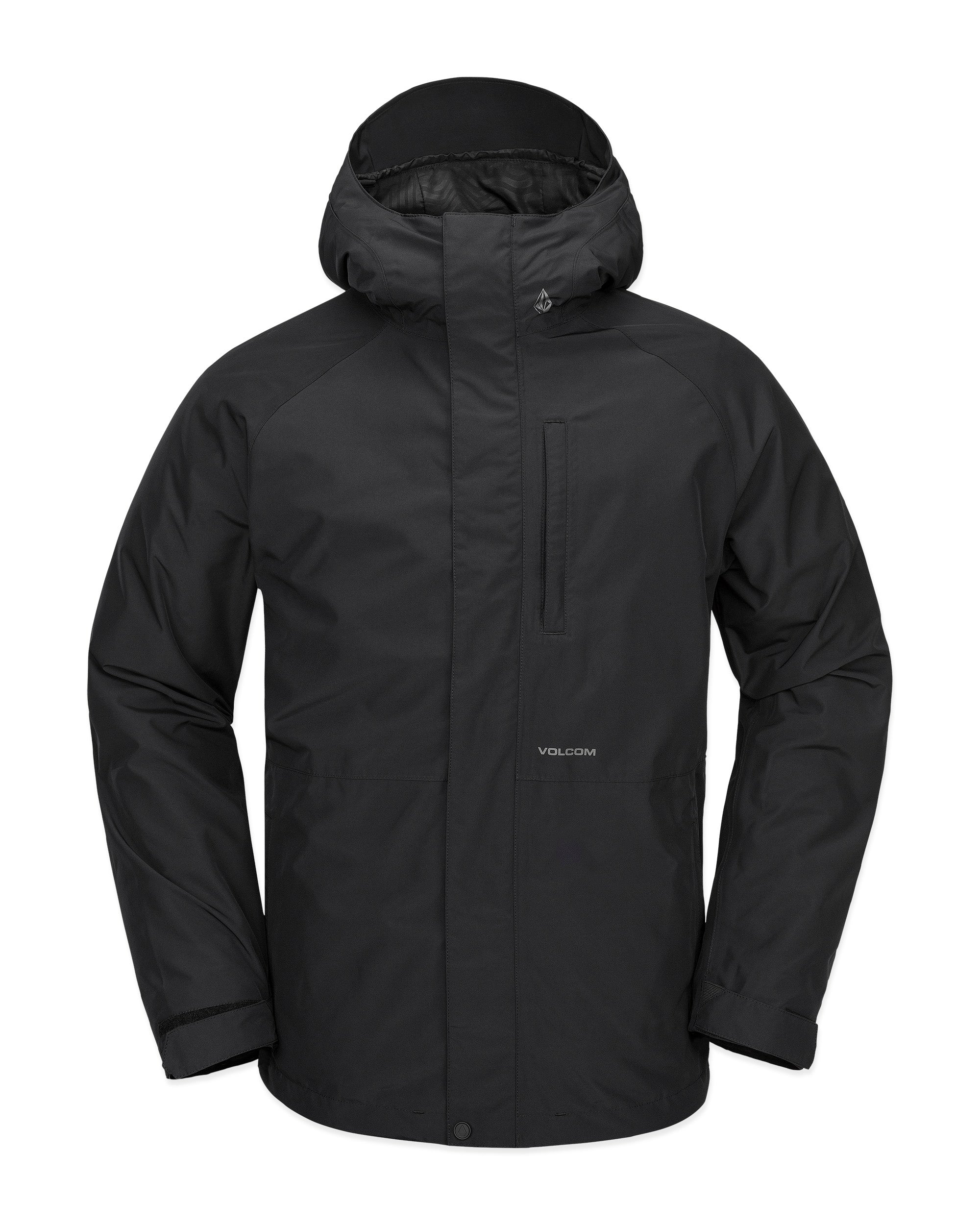 Volcom Men's Dua Insulated GORE-TEX Jacket - A black jacket with a hood, featuring a zippered chest pocket and two side pockets.