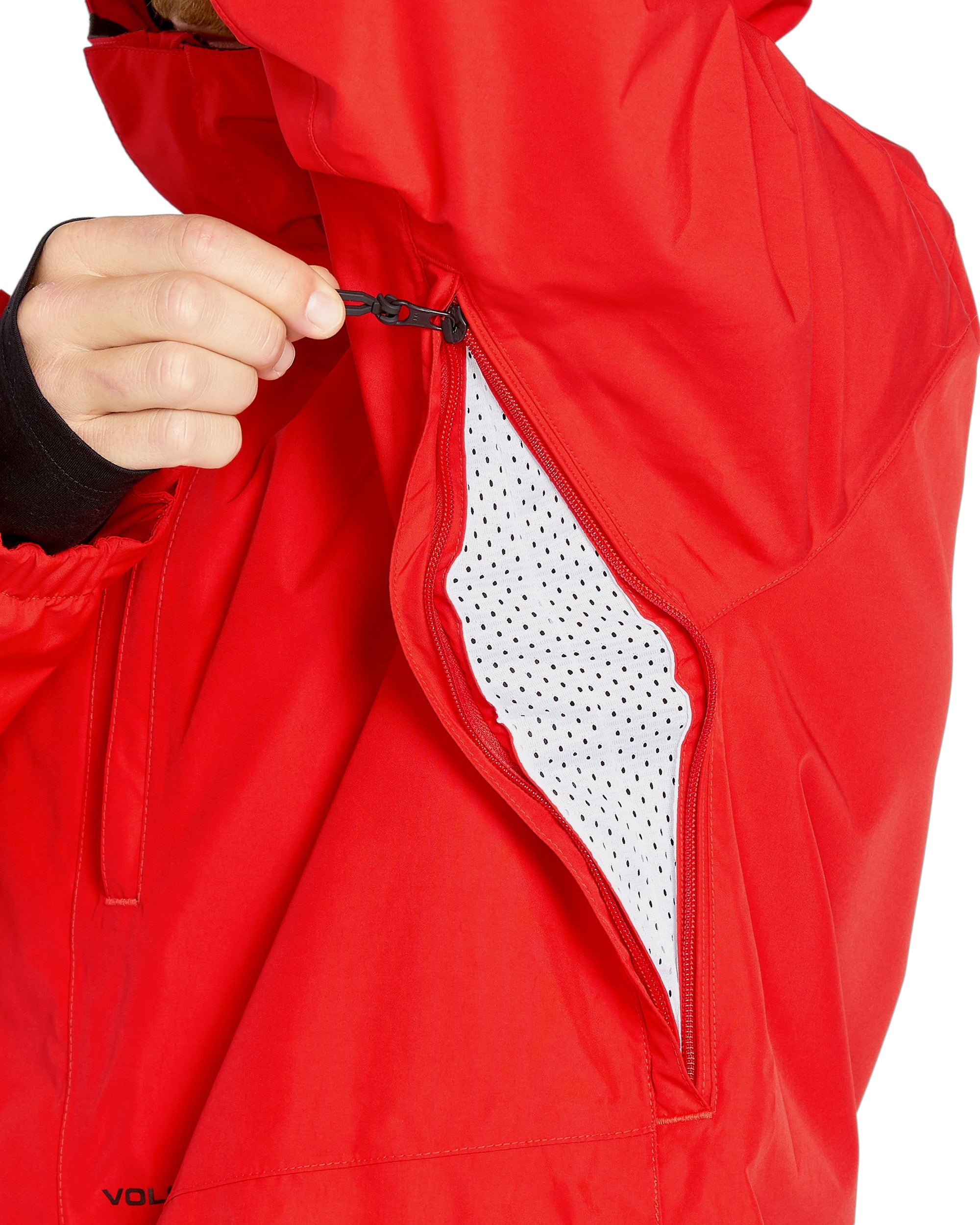 Volcom Men's Dua Insulated GORE-TEX Jacket - A red jacket with a black zipper and two zippered pockets on the front.