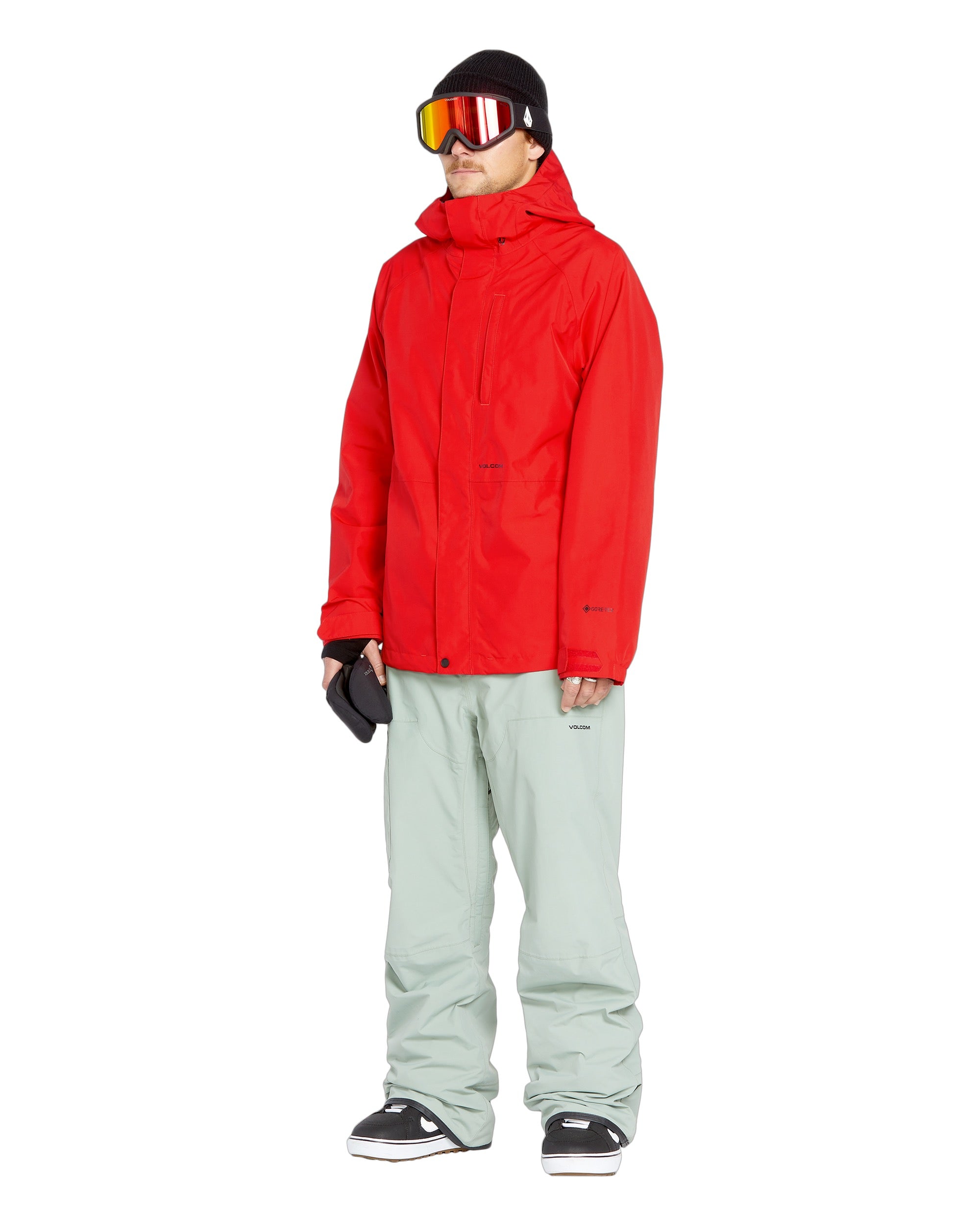 Volcom Men's Dua Insulated GORE-TEX Jacket - A red jacket with a hood, featuring black zippers and a chest pocket.