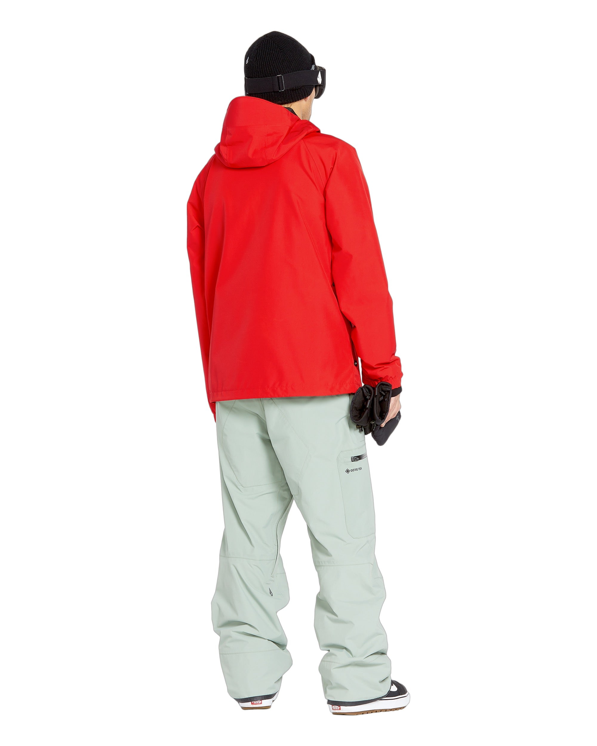 Volcom Men's Dua Insulated GORE-TEX Jacket - A red jacket with a hood, featuring black zippers and adjustable cuffs.