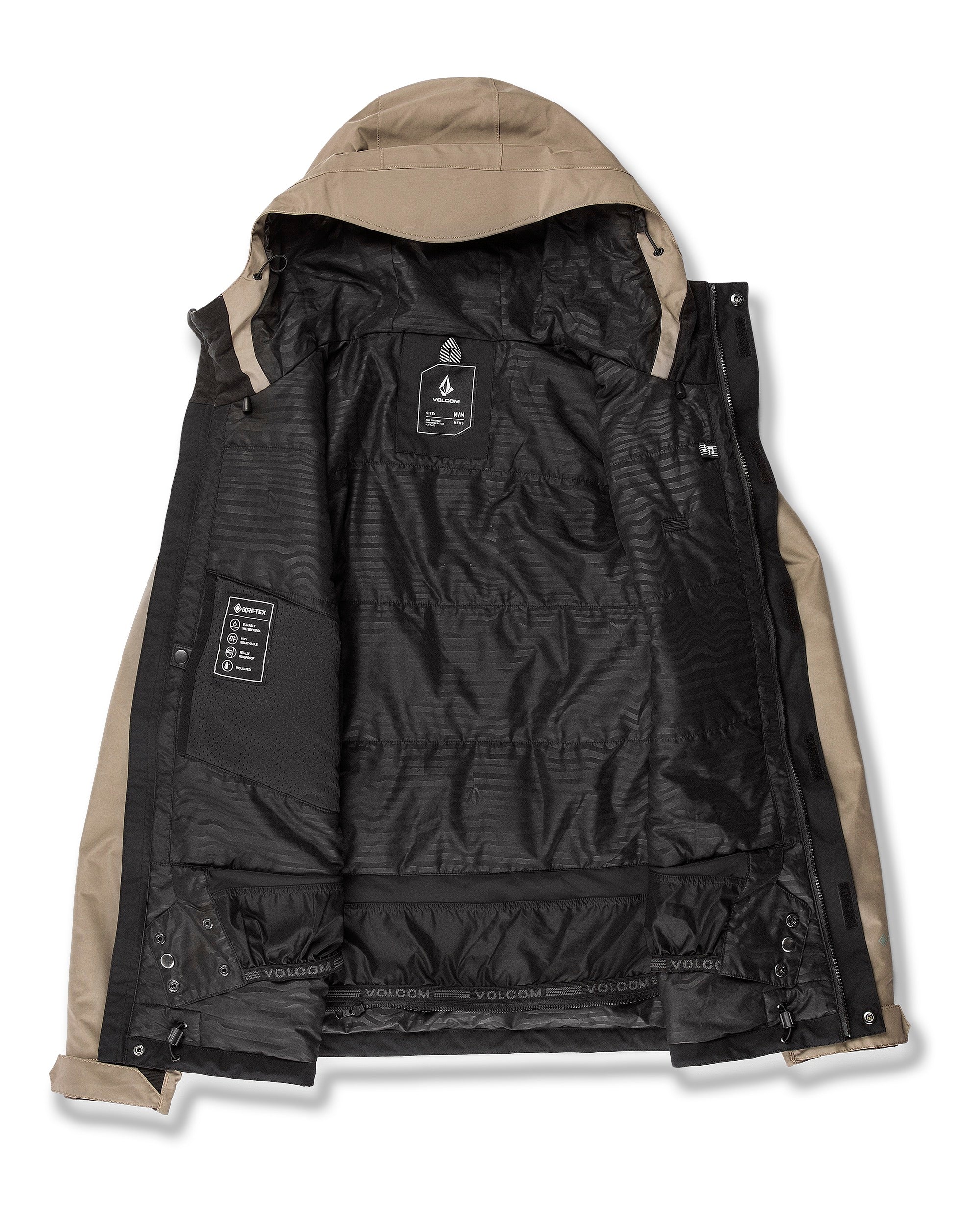 Volcom Men's Dua Insulated GORE-TEX Jacket - A black jacket with a hood, featuring a white logo on the chest and a zipper closure.