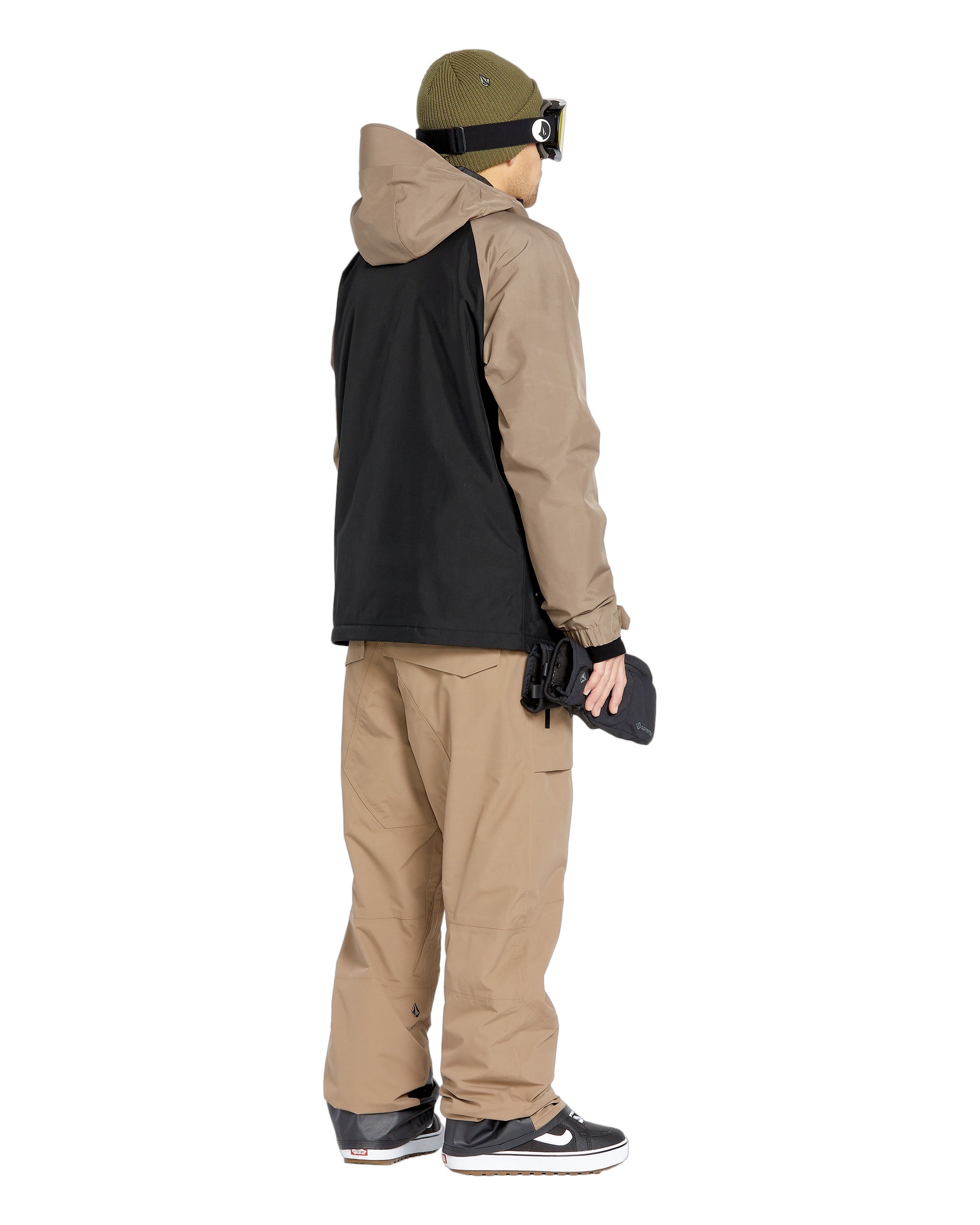 Volcom Men's Dua Insulated GORE-TEX Jacket - A black jacket with a hood, featuring tan sleeves and a tan zipper.