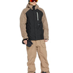 Volcom Men's Dua Insulated GORE-TEX Jacket - A black jacket with tan sleeves and a hood, featuring a white zipper pull on the chest pocket.