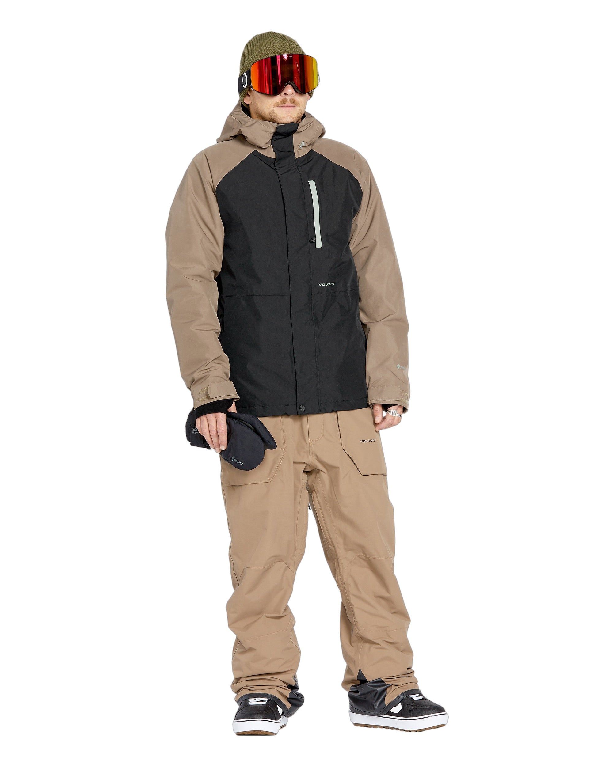 Volcom Men's Dua Insulated GORE-TEX Jacket - A black jacket with tan sleeves and a hood, featuring a white zipper pull on the chest pocket.