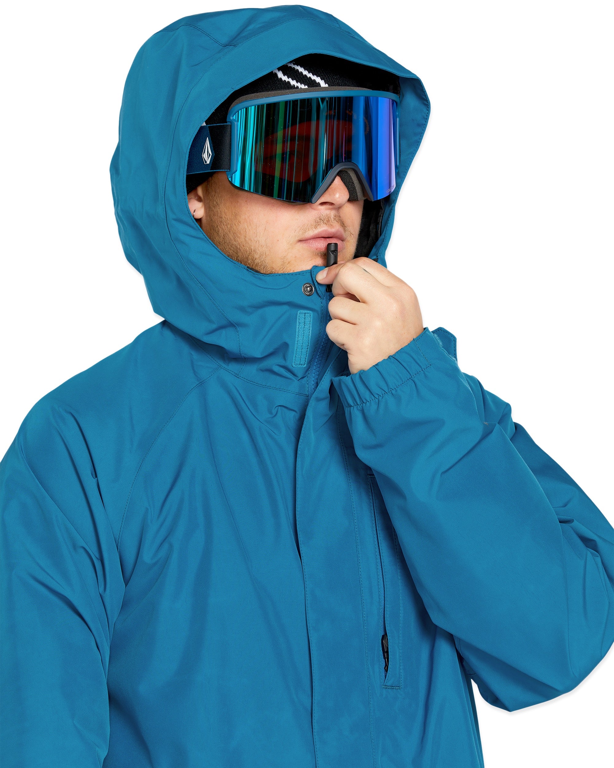 Volcom Men's Dua Insulated GORE-TEX Jacket - A blue jacket with a hood, featuring a zipper and two pockets on the front.